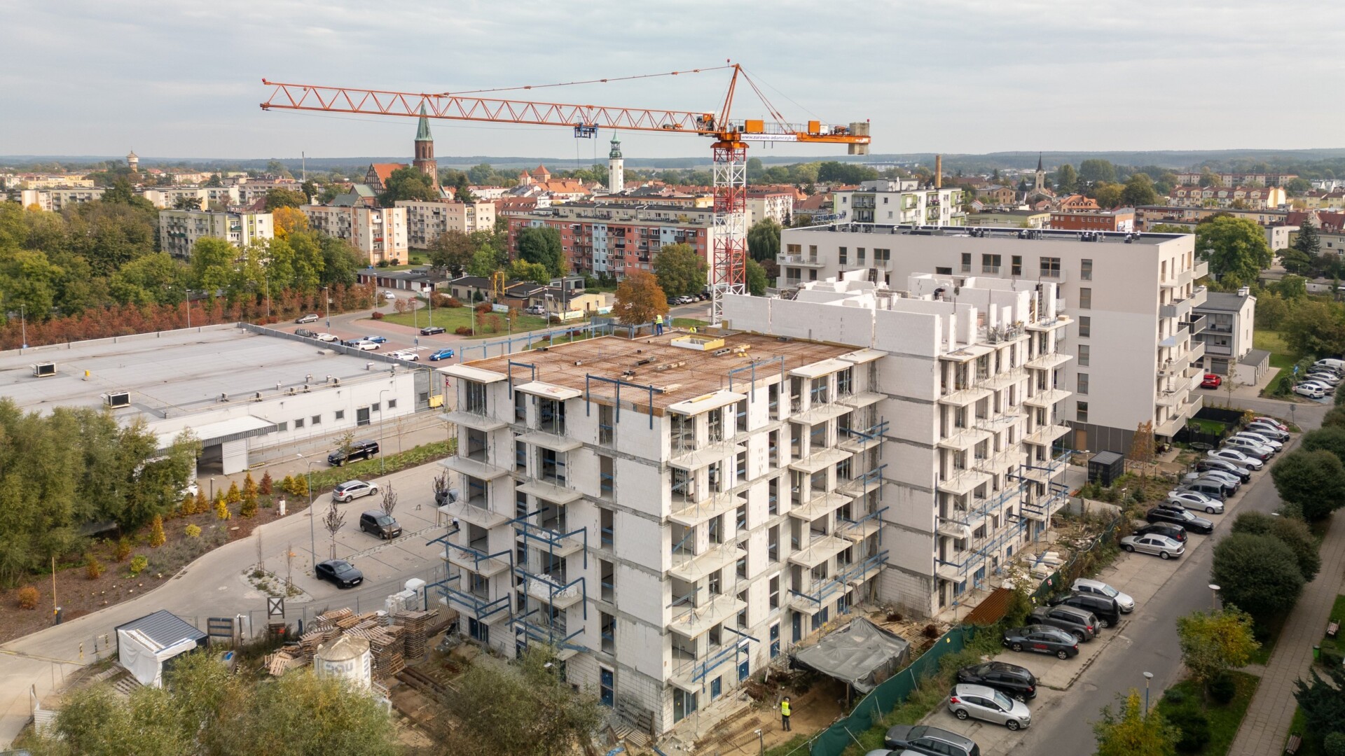 Budynki II etapu Osiedla Tkacka w budowie, widok z drona