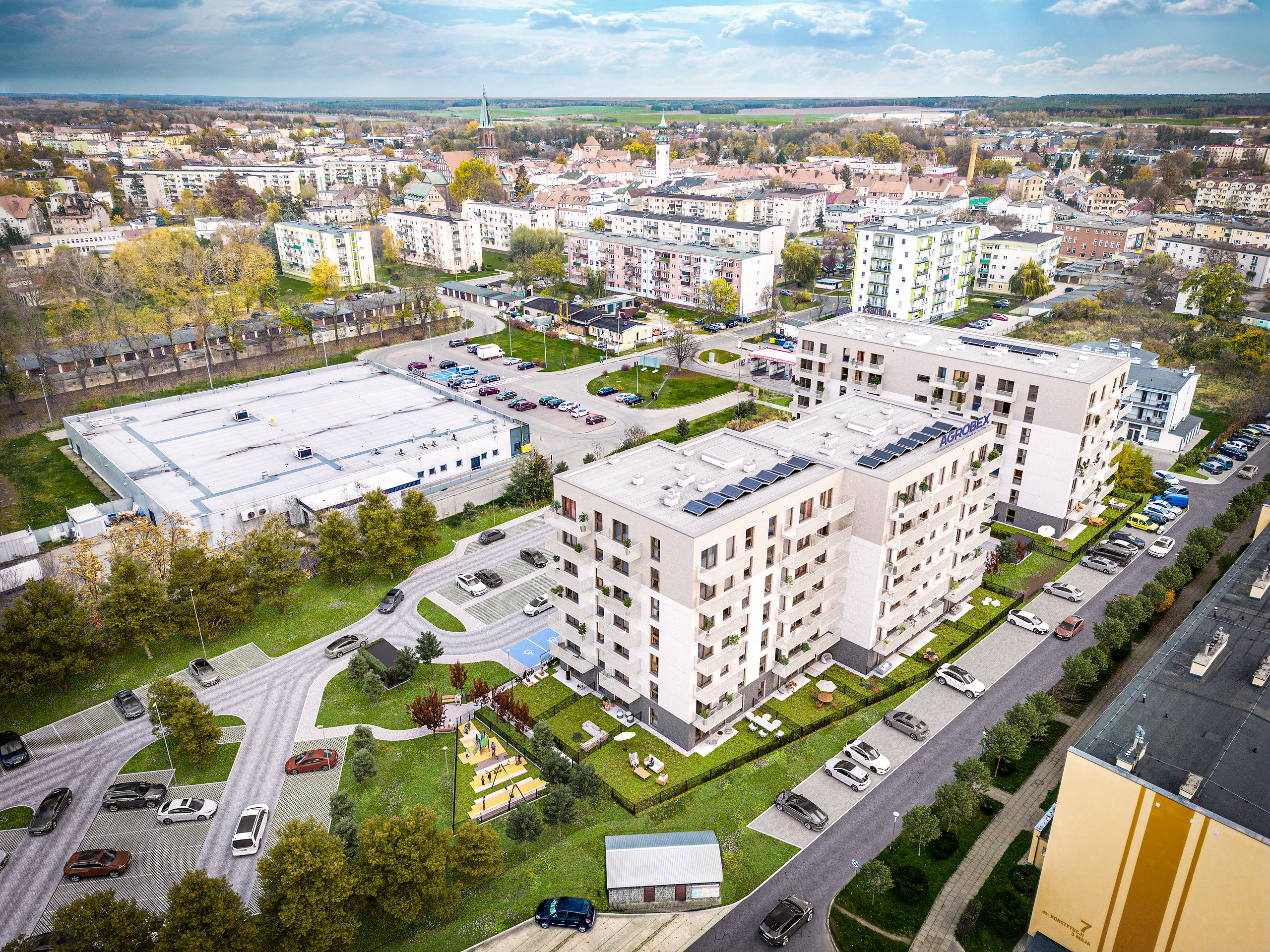 Twój kolejny adres - dwa budynki Osiedla Tkacka z lotu ptaka na tle Sulechowa